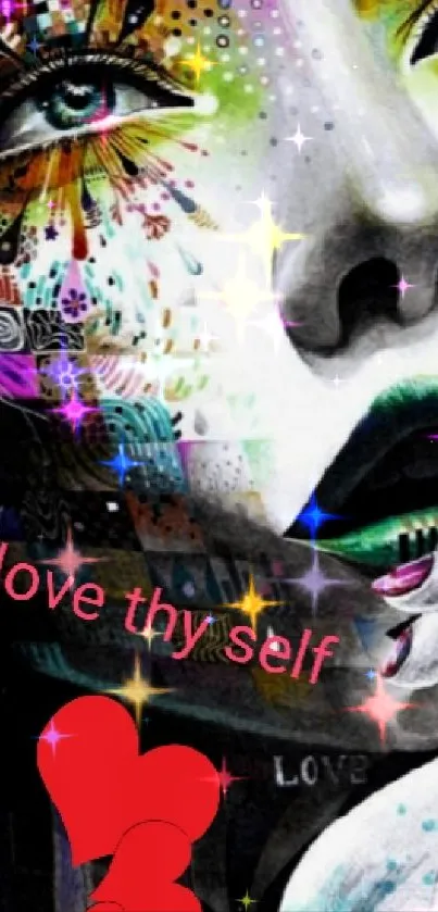 Artistic wallpaper with vibrant colors and 'love thy self' text.