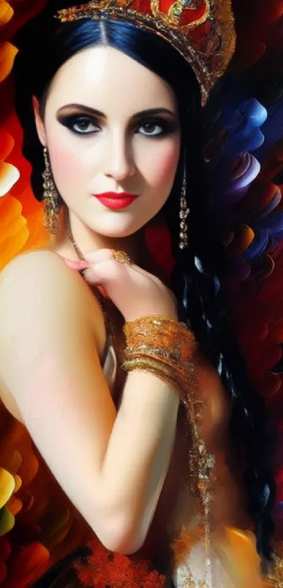 Vibrant and elegant artistic portrait of a woman in colorful attire.