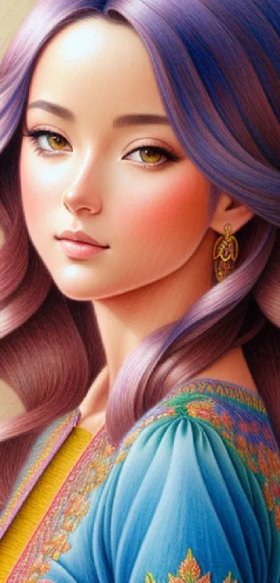 Artistic portrait with violet hair, blue dress, and detailed design for mobile wallpaper.