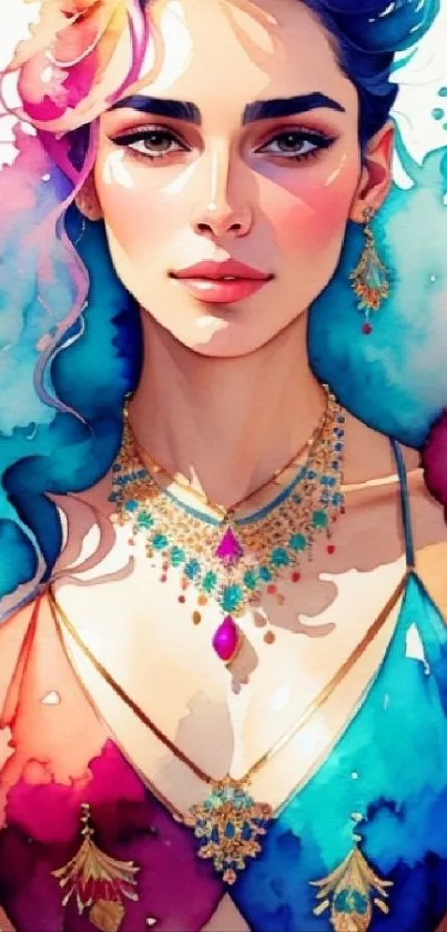 Beautiful watercolor portrait of a woman with vibrant colors and jewelry.