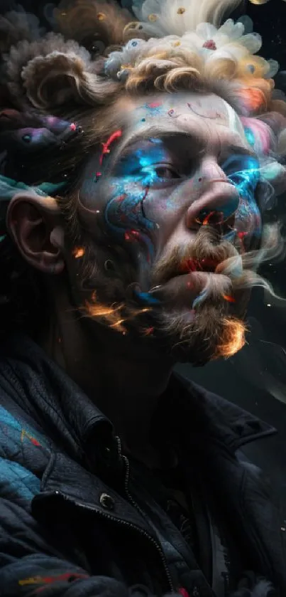 Artistic colorful portrait of a man's face with ethereal effects.