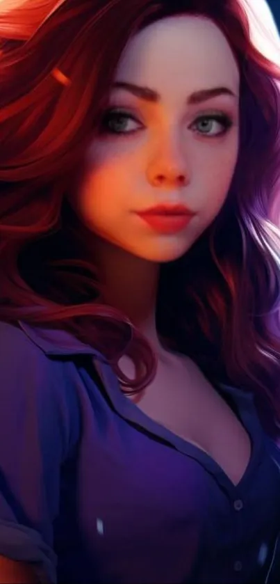 Artistic portrait wallpaper of a woman with vibrant hair and purple tones.