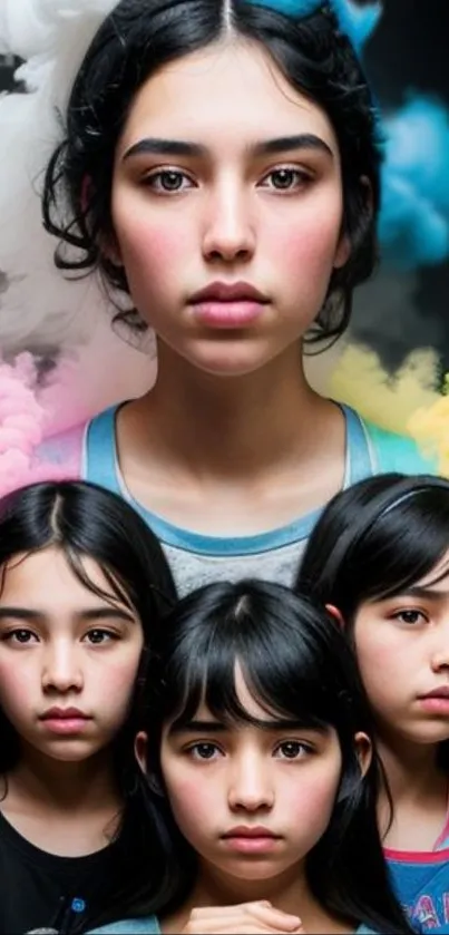 Artistic portrait of girls with colorful smoke background in pink and white hues.