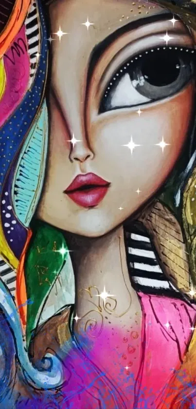 Artistic portrait with vibrant colors and star accents.