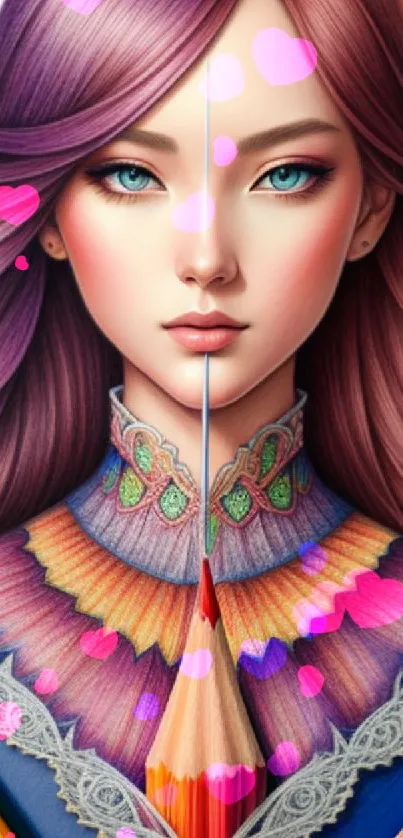 Artistic portrait of a woman with vibrant hair and colorful design details.