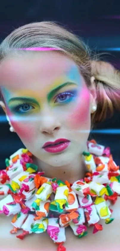 Vibrant portrait of a woman with colorful makeup and candy necklace on a black background.