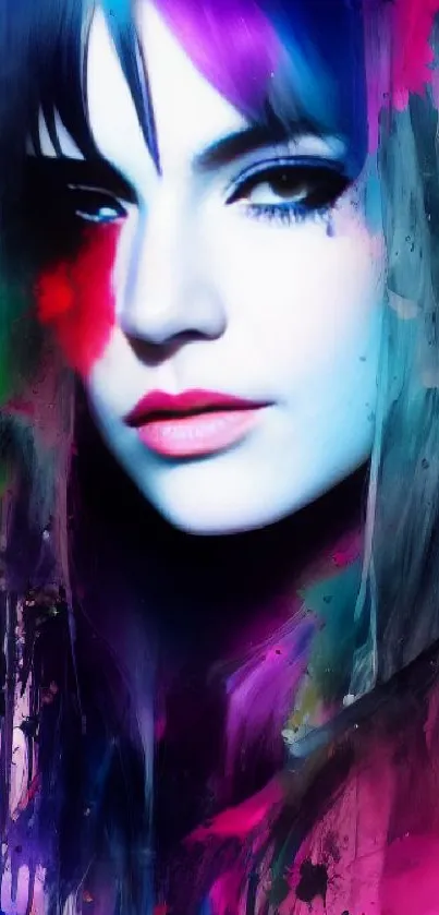 Colorful artistic portrait of a woman with vivid splashes and hues.