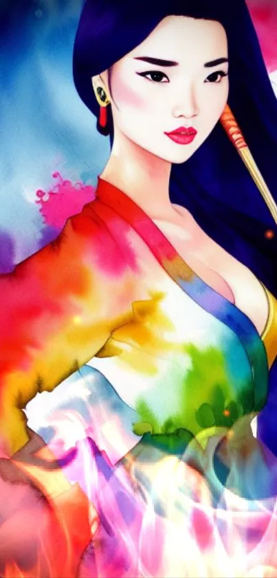 Artistic mobile wallpaper of modern Asian woman in colorful watercolor.