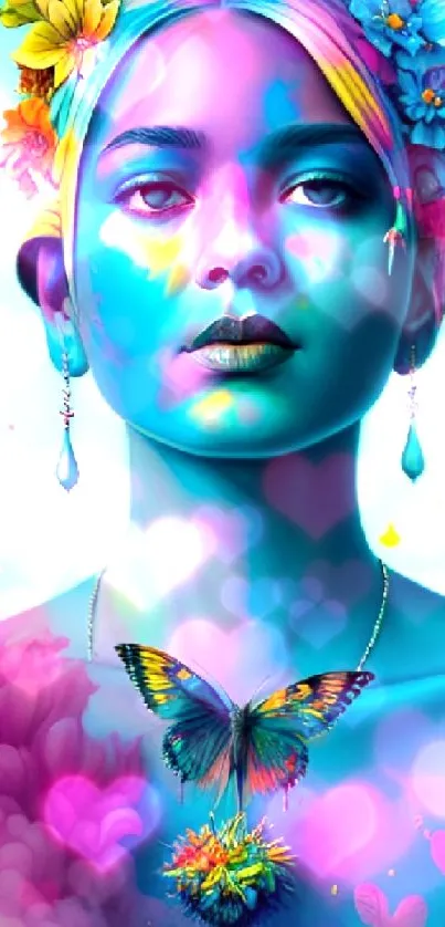 Vibrant portrait with flowers and butterfly in blue and pink tones.