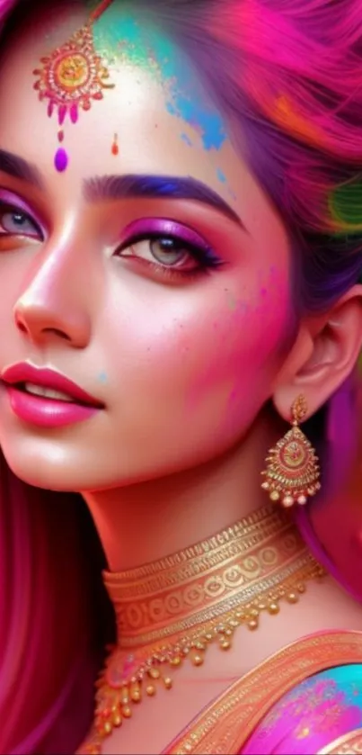 Vibrant portrait with neon colors and cultural adornments.