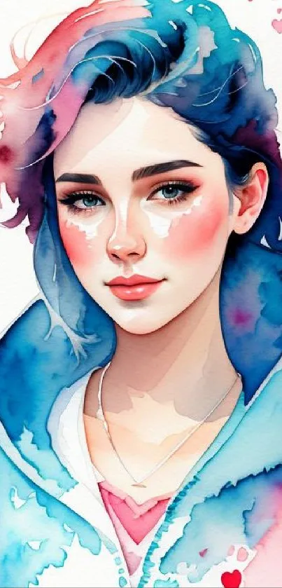 Colorful watercolor portrait of a woman with vibrant hues.