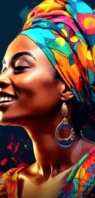 Artistic portrait of a smiling woman in vibrant attire with colorful background