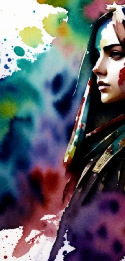 Vibrant watercolor portrait with multicolor splashes on mobile wallpaper.