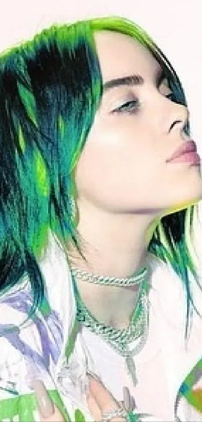 Artistic portrait with vibrant green and black hair.