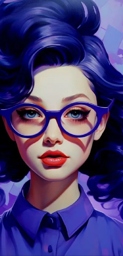 Artistic portrait wallpaper with purple hues and stylish glasses.