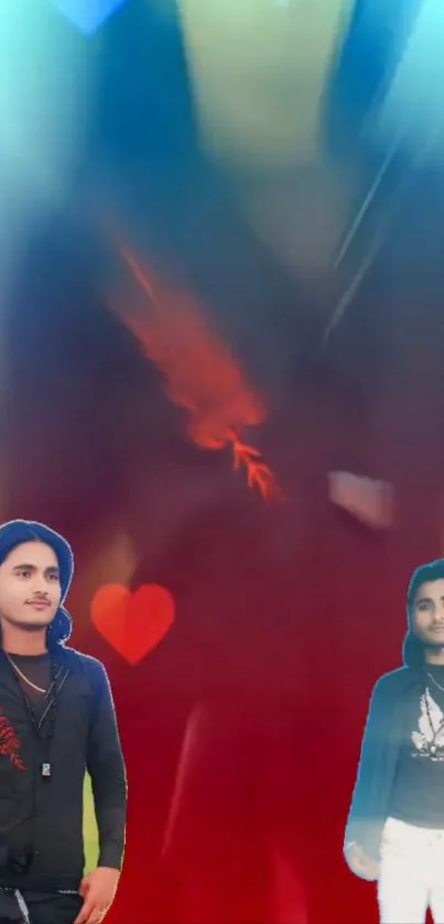 Vibrant artistic wallpaper with person silhouettes and colorful design.