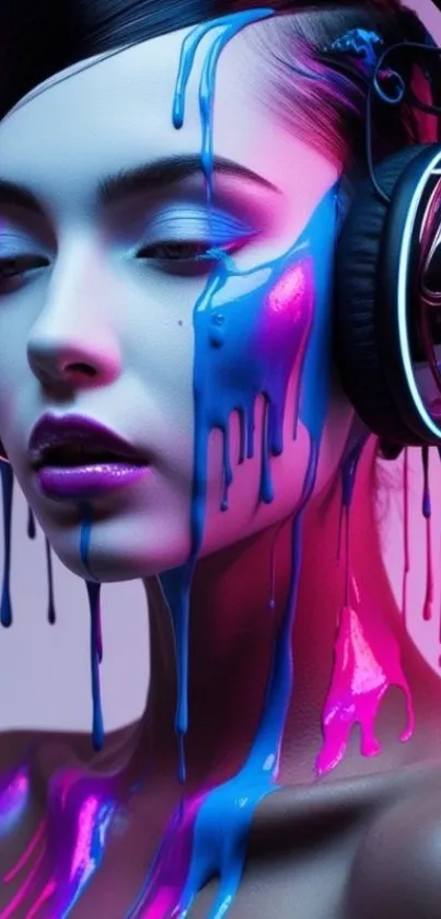 Vibrant portrait with colorful paint and headphones.