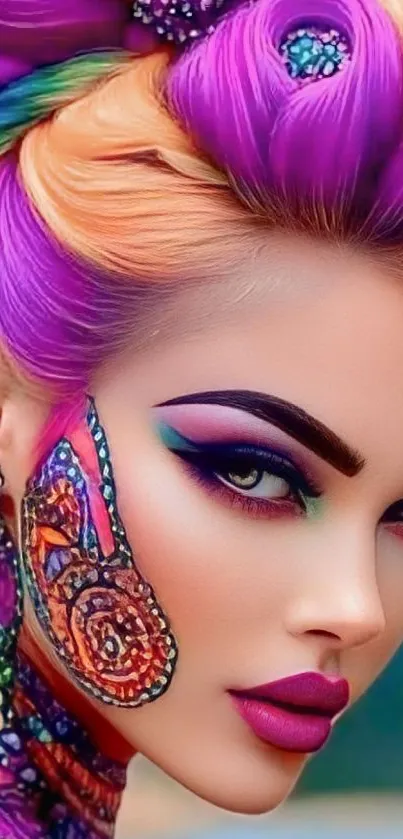 Vibrant colorful portrait with intricate artistic design.