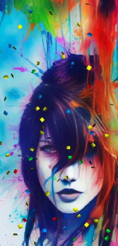 Surreal abstract portrait with vibrant colors and artistic splashes.