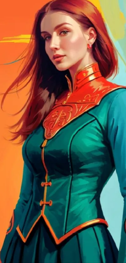 Artistic portrait of a woman in vibrant teal and orange attire.