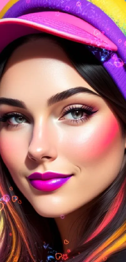 Vibrant portrait of a woman with colorful hat and makeup.