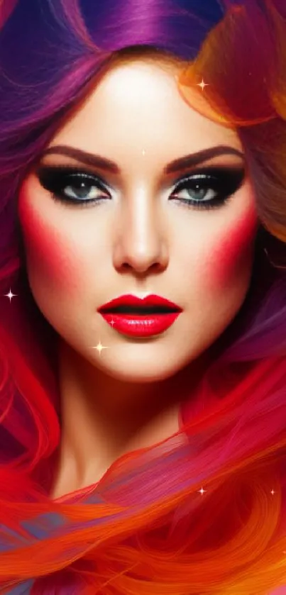 Artistic portrait with vibrant colors and a striking, colorful hairstyle.