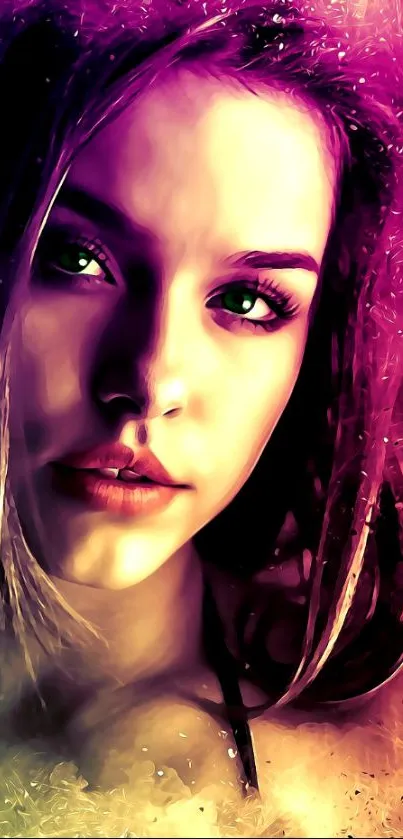 Vibrant abstract portrait of a woman with purple and pink tones.