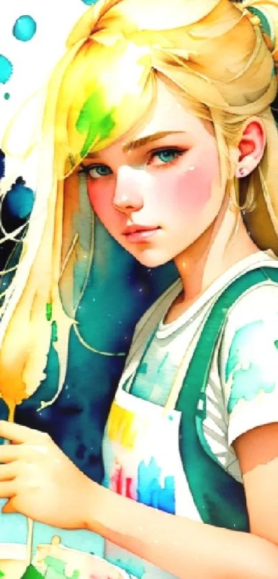 Vibrant artistic portrait of a blonde girl with colorful paint splashes.