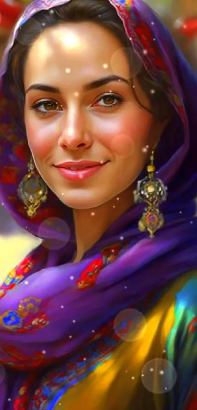 Vibrant digital portrait of a smiling woman in colorful traditional attire.