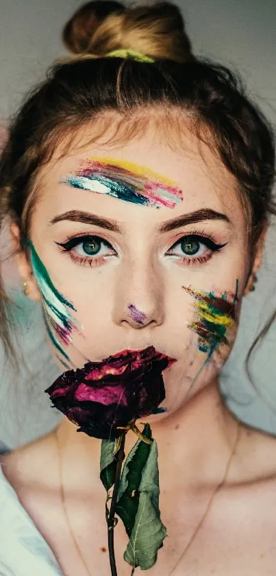 Artistic portrait with colorful face paint and a rose, vibrant mobile wallpaper.