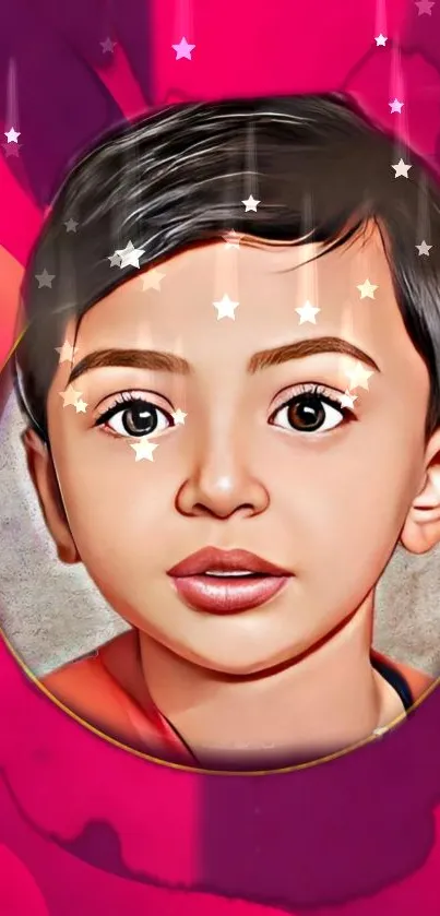 Artistic child portrait with stars on pink background.