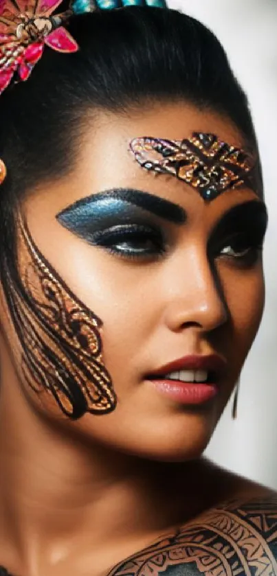 Vibrant artistic portrait with intricate face paint and elegant design.