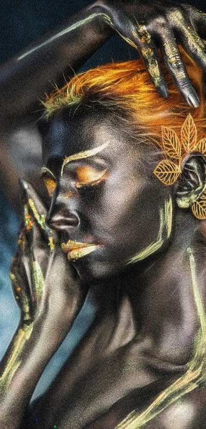 Artistic portrait with gold accents, ideal for a striking phone wallpaper.