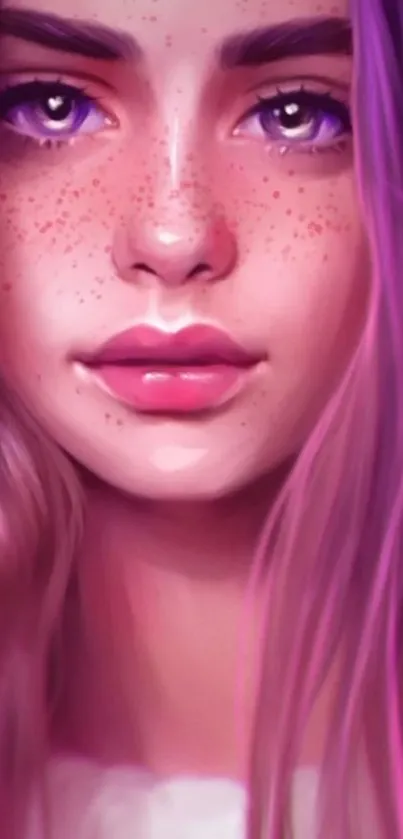 Illustrative portrait of a young woman with pink and purple hues in wallpaper format.