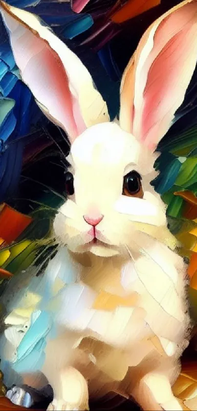 Lively artistic wallpaper with white rabbit and vibrant colors.