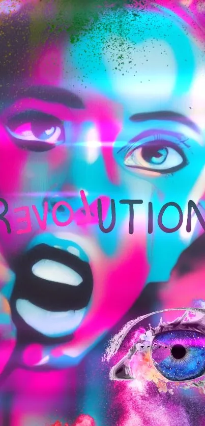 Vibrant artistic wallpaper with revolution theme and colorful neon hues.