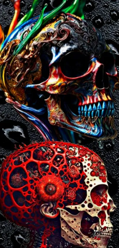 Vibrant and artistic skull-themed mobile wallpaper with bold colors.