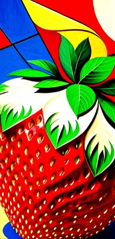 Abstract strawberry art wallpaper with vibrant colors and geometric patterns.