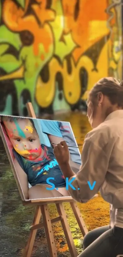 Artist painting a colorful portrait on canvas in urban street art setting.