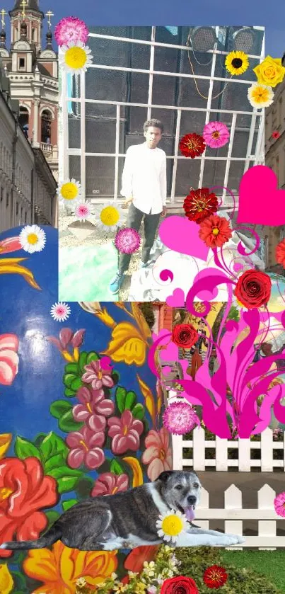 Colorful street collage with flowers and urban background.