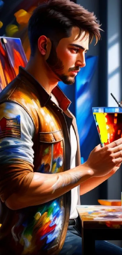 Vibrant mobile wallpaper featuring an artist painting in a colorful studio.