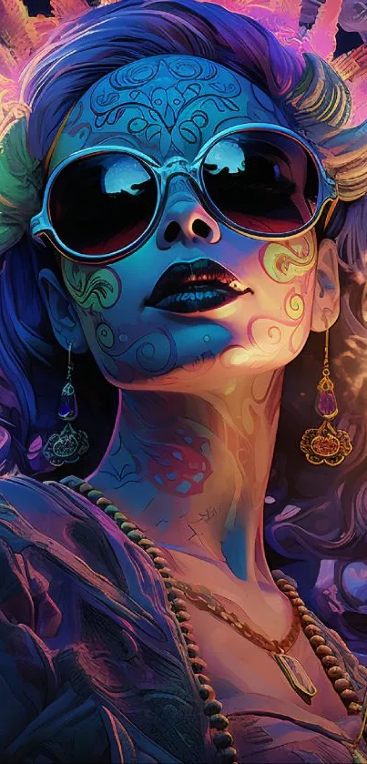 Artistic sun goddess with tribal paint and vibrant colors.