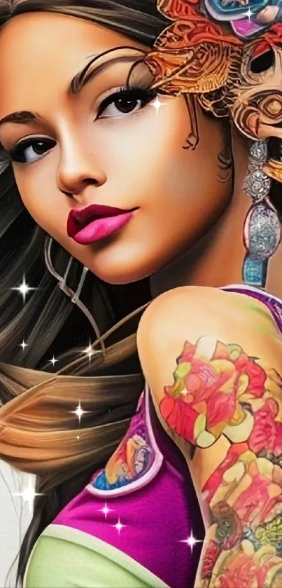 Artistic colorful tattooed woman portrait wallpaper.