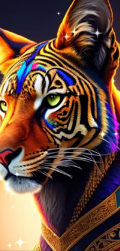 Colorful artistic illustration of a tiger with vibrant patterns on a gradient background.
