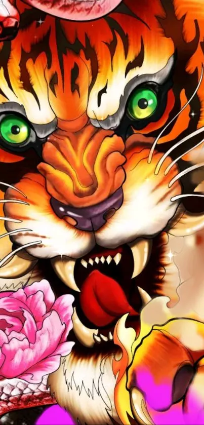 Fierce artistic tiger with colorful floral accents in vibrant mobile wallpaper.