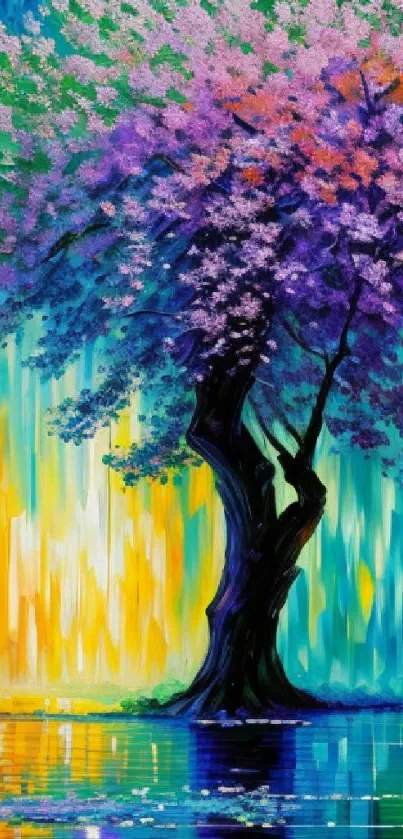 Vibrant artistic depiction of a tree with colorful blossoms.