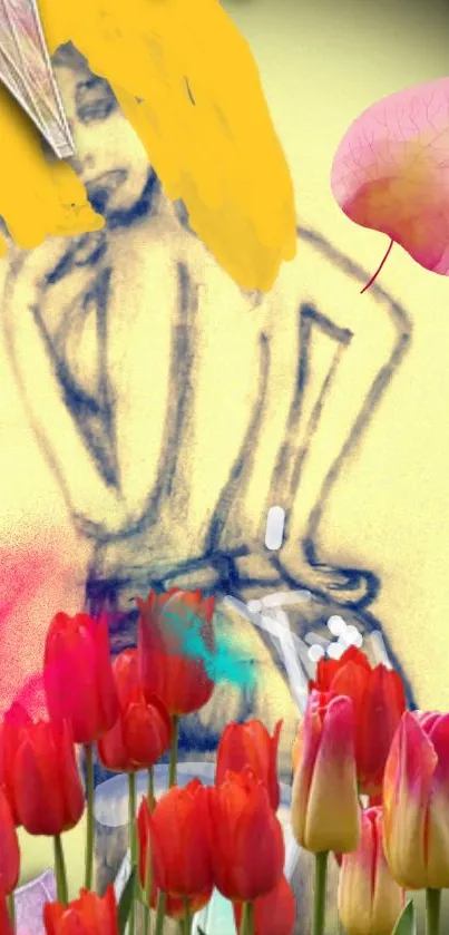 Abstract sketch with tulips in vibrant colors featuring artistic design.