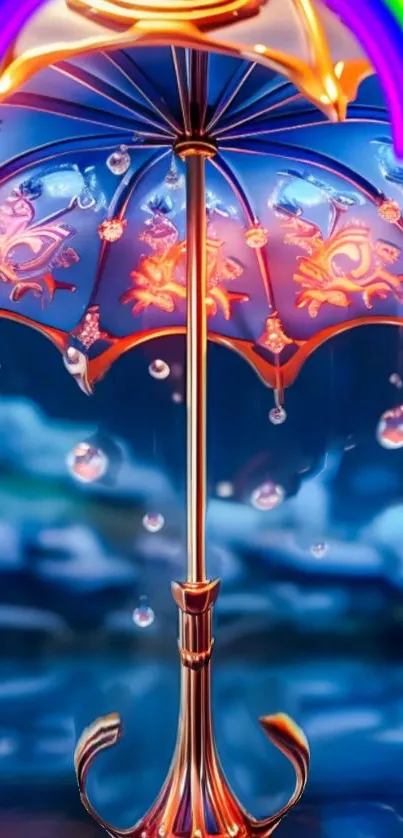 Artistic fantasy umbrella with glowing designs and vibrant colors.