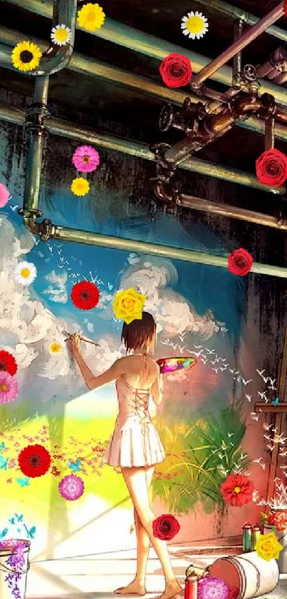 Girl painting vibrant flowers on a colorful industrial wall wallpaper.