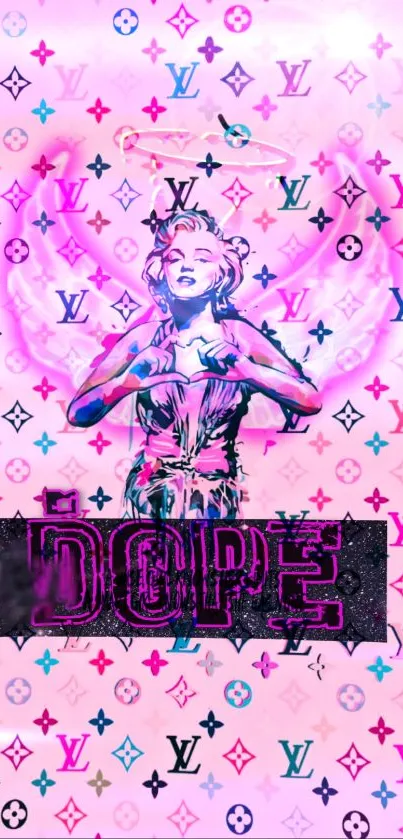 Colorful wallpaper with bold female figure, pink and purple theme.
